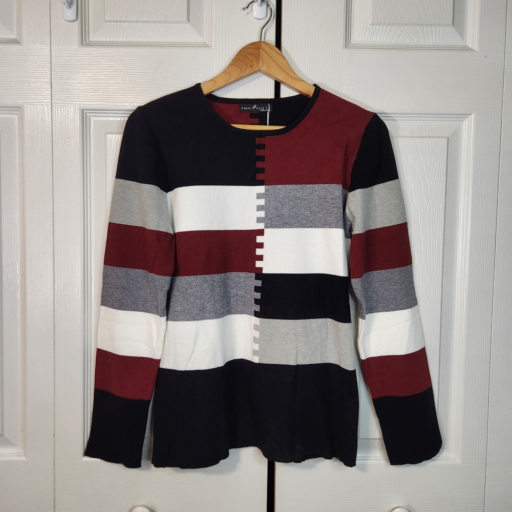 Emery Rose Womens Large Colorblock Striped Crew Neck Long Sleeve Knit Top NEW